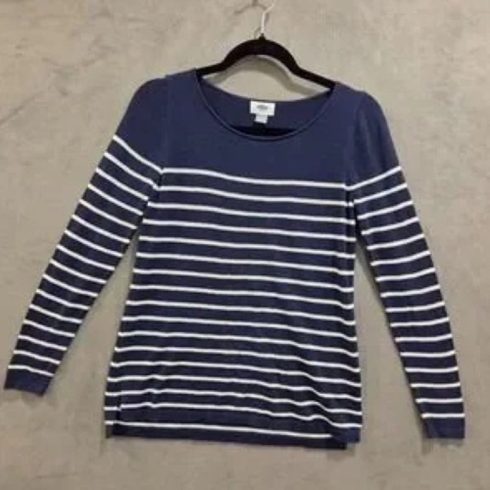 Navy and White Striped Off-the-Shoulder Sweater